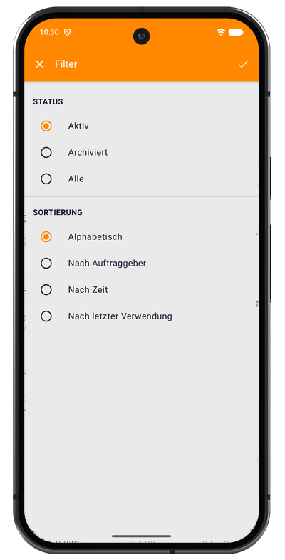 Filter- und Sortieroptionen der Projektliste in der Android-App