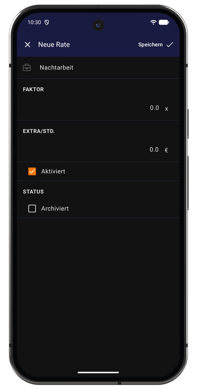 Formular für eine neue Rate in der Android-App mit Titel, Faktor und Zuschlag pro Stunde