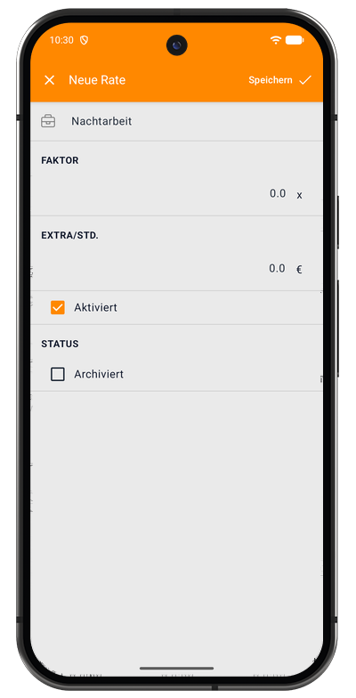 Formular für eine neue Rate in der Android-App mit Titel, Faktor und Zuschlag pro Stunde