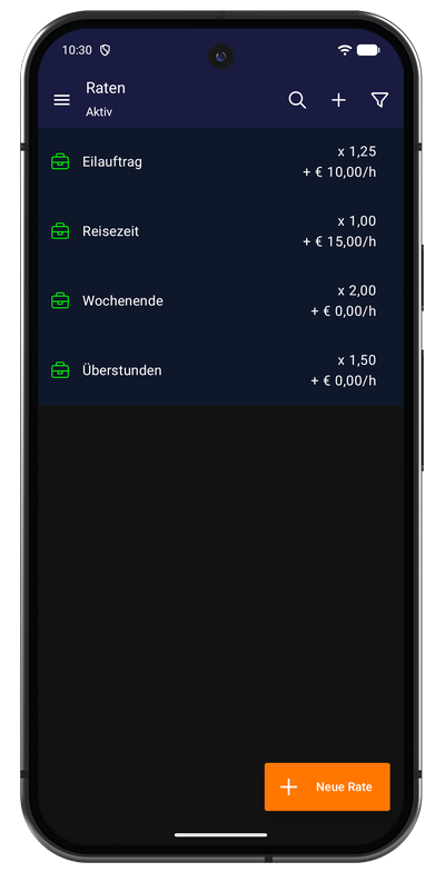 Ratenliste in der Android-App mit Standard-, Überstunden- und Wochenendrate