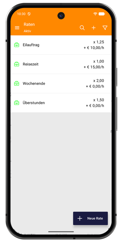 Ratenliste in der Android-App mit Standard-, Überstunden- und Wochenendrate
