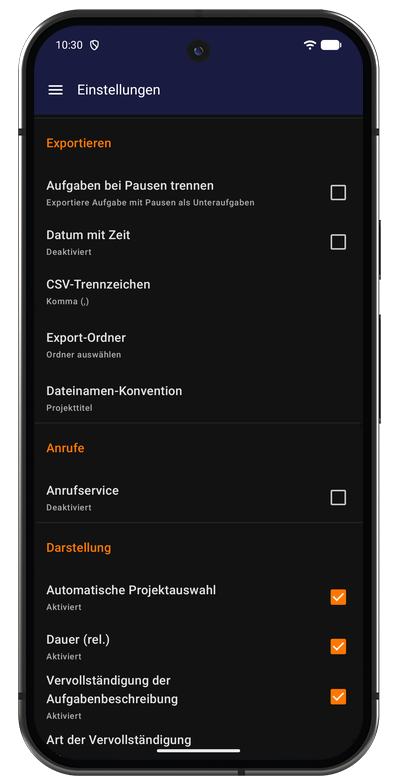 Export-Einstellungen in der Android-App mit CSV-Trennzeichen, Exportordner und Dateiname