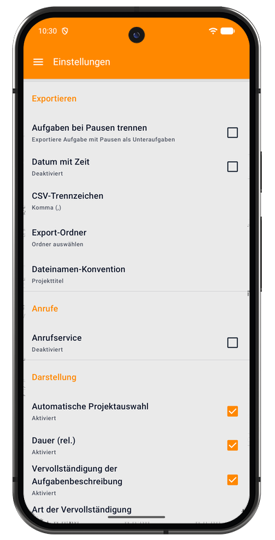 Export-Einstellungen in der Android-App mit CSV-Trennzeichen, Exportordner und Dateiname