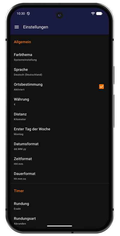 Allgemeine Einstellungen in der Android-App mit Design, Sprache, Währung und Datumsformat