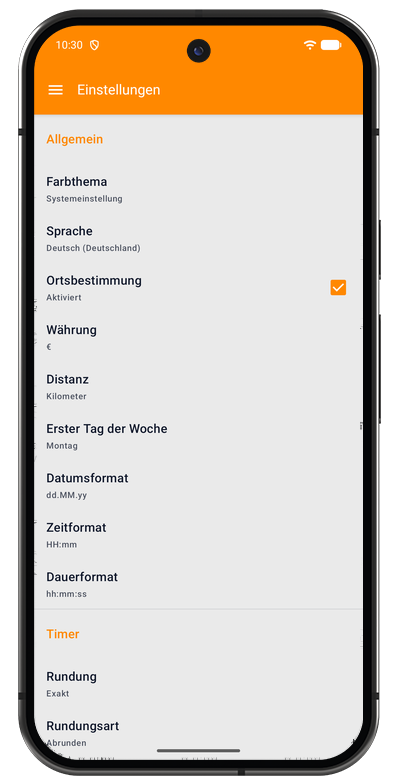 Allgemeine Einstellungen in der Android-App mit Design, Sprache, Währung und Datumsformat
