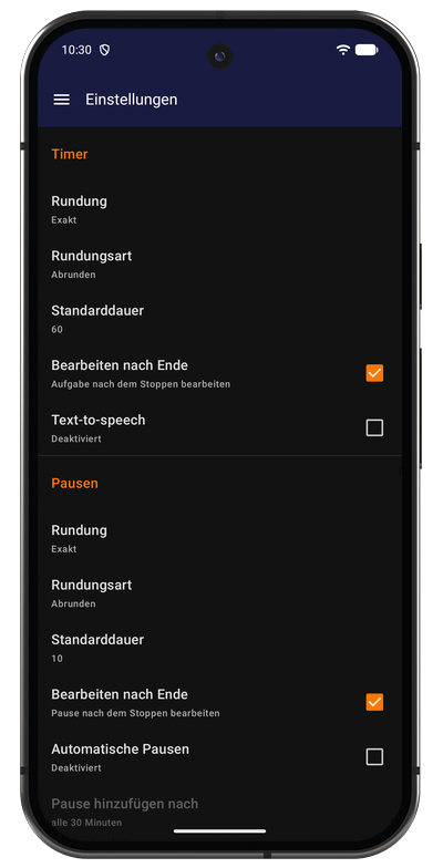 Timer-Einstellungen in der Android-App mit Rundung, Standarddauer und Bearbeitungsansicht