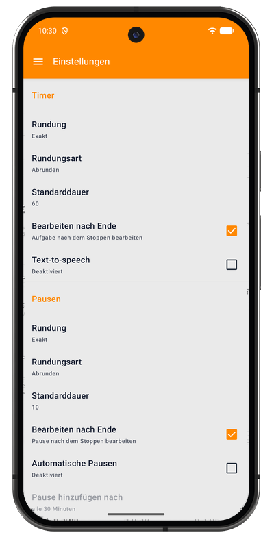 Timer-Einstellungen in der Android-App mit Rundung, Standarddauer und Bearbeitungsansicht