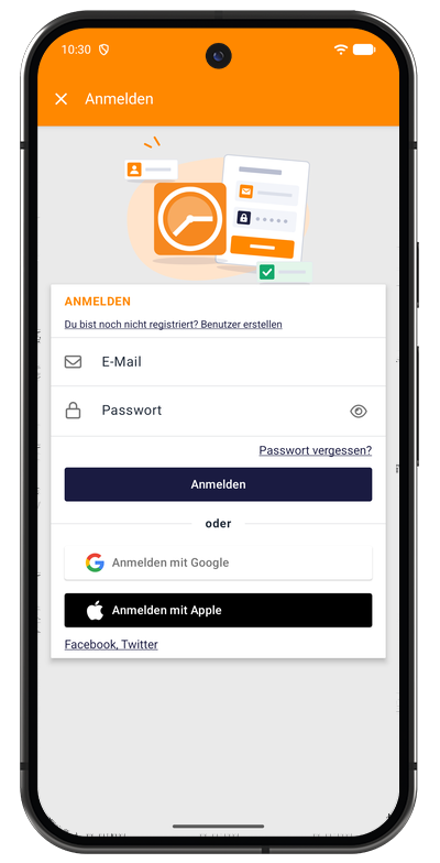Anmeldung in der Android-App mit Feldern für E-Mail und Passwort, dem Link Passwort vergessen? und Schaltflächen für Google und Apple