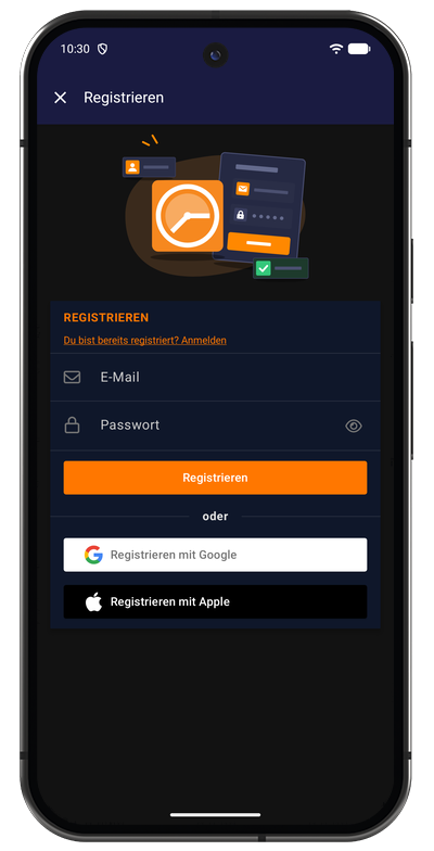 Registrierung in der Android-App mit Feldern für E-Mail und Passwort und Schaltflächen für Google und Apple