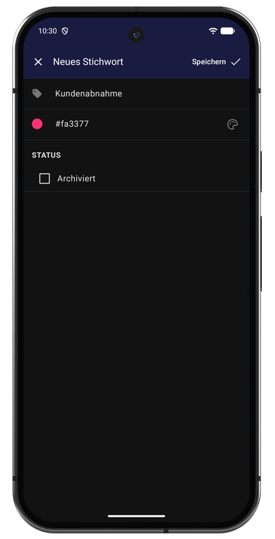 Formular für einen neuen Tag in der Android-App mit Name, Farbe und Team