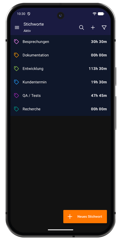 Tag-Liste in der Android-App mit den Tags und ihren Farben