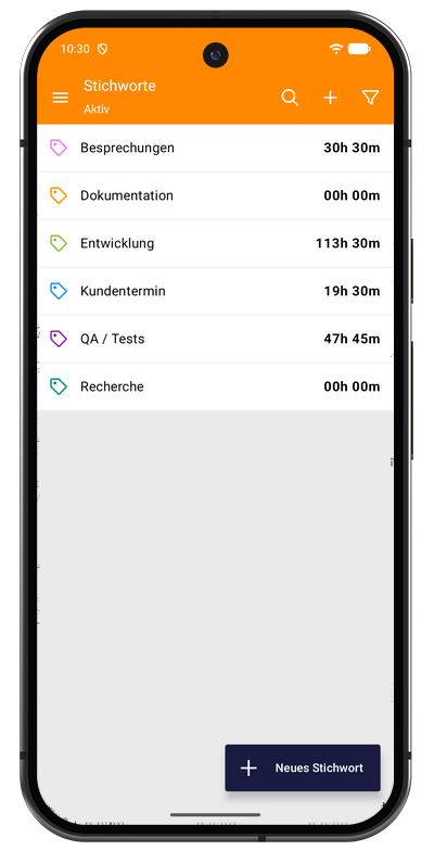 Tag-Liste in der Android-App mit den Tags und ihren Farben