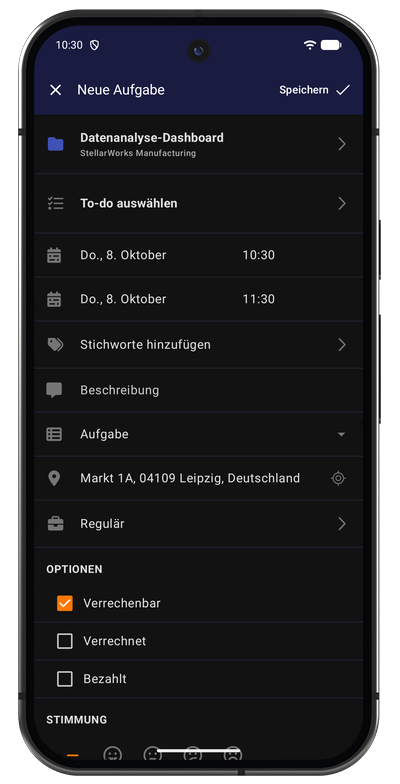 Formular zur manuellen Aufgabenerfassung in der Android-App mit Projekt, Start, Ende und Beschreibung