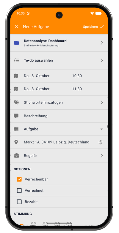 Formular zur manuellen Aufgabenerfassung in der Android-App mit Projekt, Start, Ende und Beschreibung