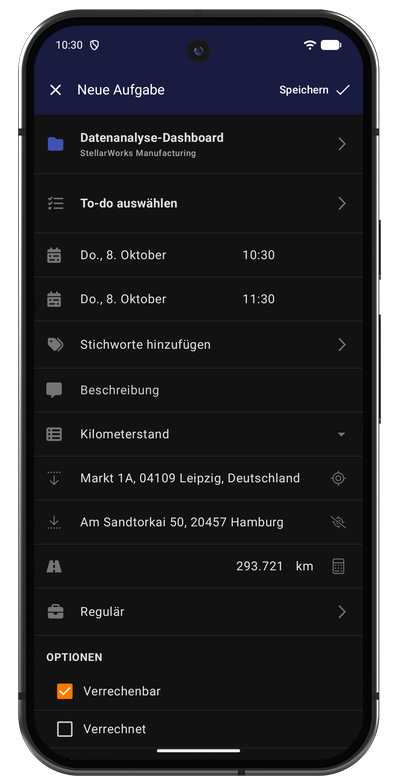 Formular für Kilometereinträge in der Android-App mit Start- und Zieladresse, Distanz und Rate