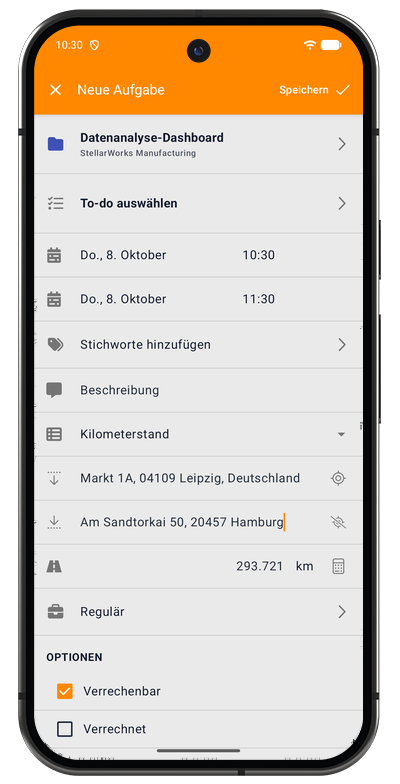 Formular für Kilometereinträge in der Android-App mit Start- und Zieladresse, Distanz und Rate