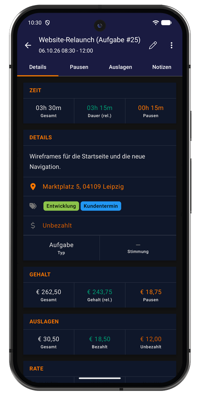 Aufgabendetails in der Android-App mit Dauer, Projekt, Pausen, Auslagen und Notizen