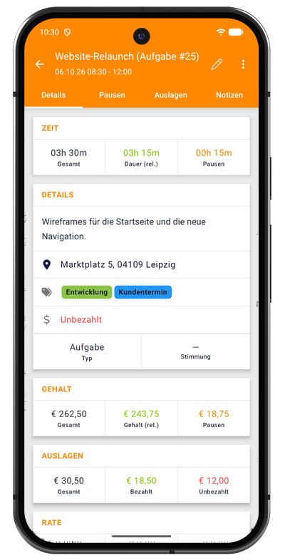 Aufgabendetails in der Android-App mit Dauer, Projekt, Pausen, Auslagen und Notizen