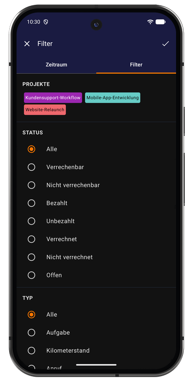 Tab Filter der Aufgabenliste in der Android-App mit Projekt-, Status- und Typfilter