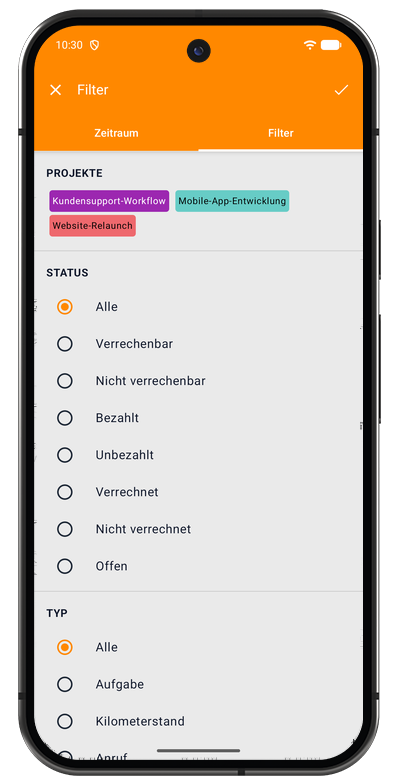Tab Filter der Aufgabenliste in der Android-App mit Projekt-, Status- und Typfilter