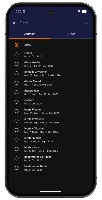 Tab Zeitraum der Aufgabenliste in der Android-App zur Wahl des angezeigten Zeitraums