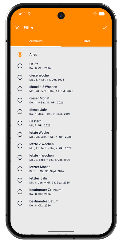 Tab Zeitraum der Aufgabenliste in der Android-App zur Wahl des angezeigten Zeitraums
