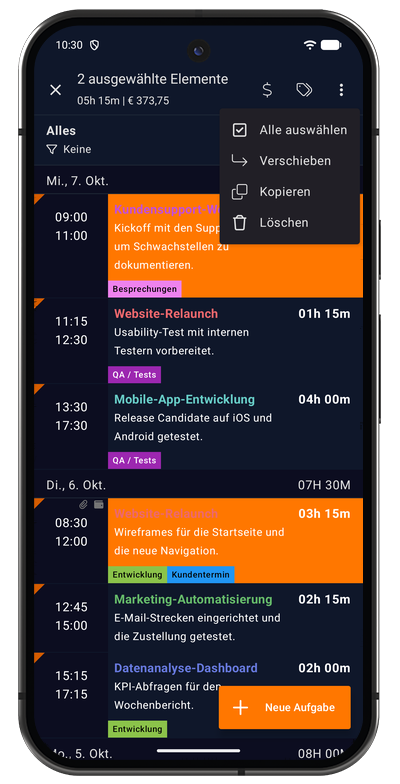 Menü für Massenaktionen in der Android-App zum Auswählen, Verschieben, Kopieren oder Löschen