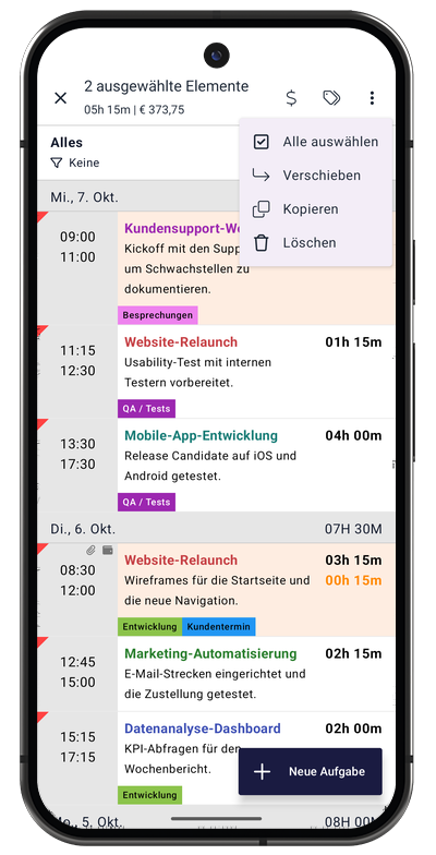 Menü für Massenaktionen in der Android-App zum Auswählen, Verschieben, Kopieren oder Löschen