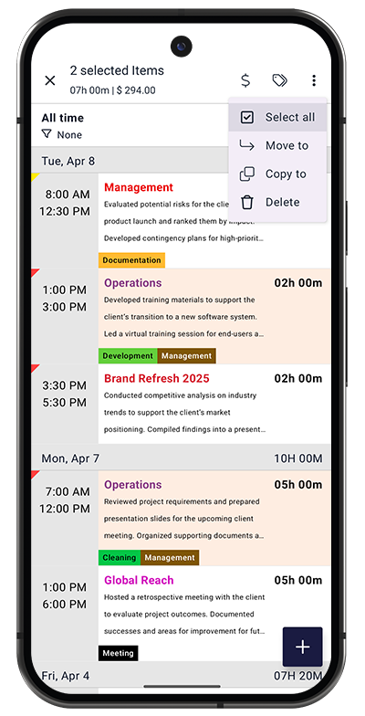 Task Selection actions