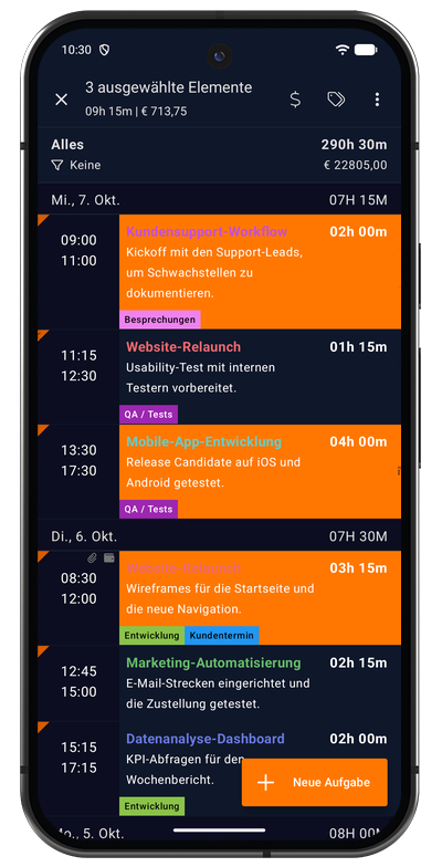 Aufgabenliste in der Android-App mit mehreren für eine Massenaktion ausgewählten Aufgaben