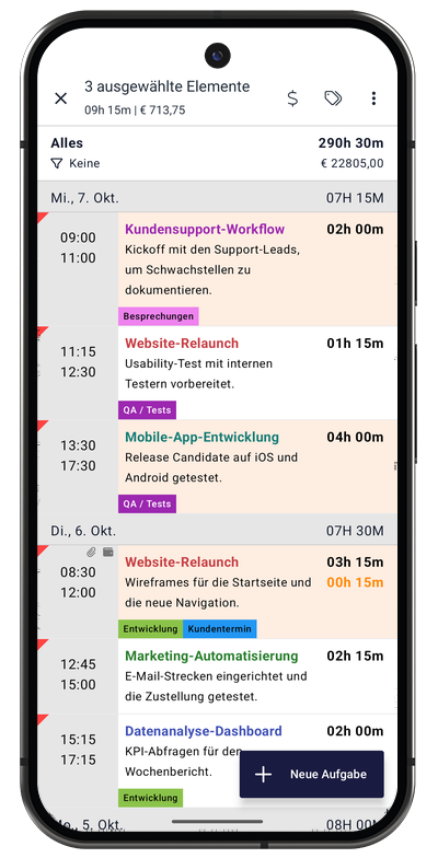 Aufgabenliste in der Android-App mit mehreren für eine Massenaktion ausgewählten Aufgaben