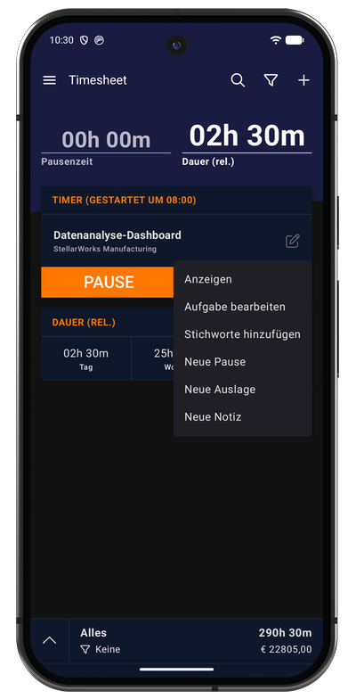 Schnellaktionen des Timers in der Android-App für Pausen, Auslagen und Notizen