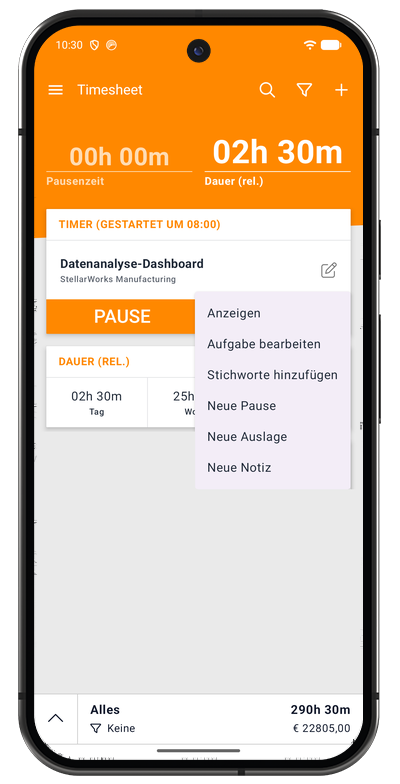 Schnellaktionen des Timers in der Android-App für Pausen, Auslagen und Notizen