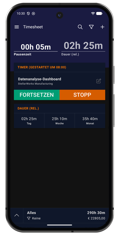 Pausierter Timer der Android-App mit der Dauer der laufenden Pause