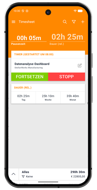 Pausierter Timer der Android-App mit der Dauer der laufenden Pause