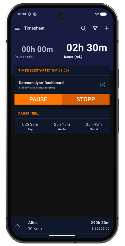 Laufender Timer der Android-App mit vergangener Zeit sowie Pause- und Stopp-Schaltfläche