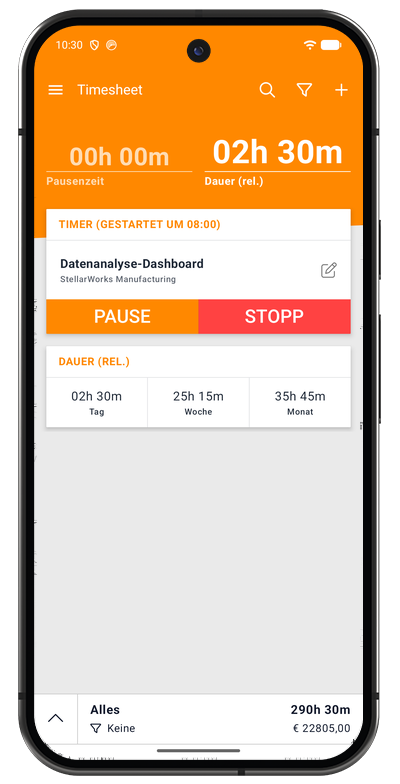 Laufender Timer der Android-App mit vergangener Zeit sowie Pause- und Stopp-Schaltfläche