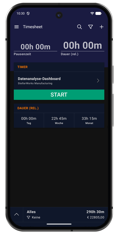Timer der Android-App im gestoppten Zustand mit Projektauswahl und Start-Schaltfläche