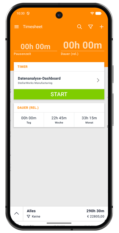 Timer der Android-App im gestoppten Zustand mit Projektauswahl und Start-Schaltfläche