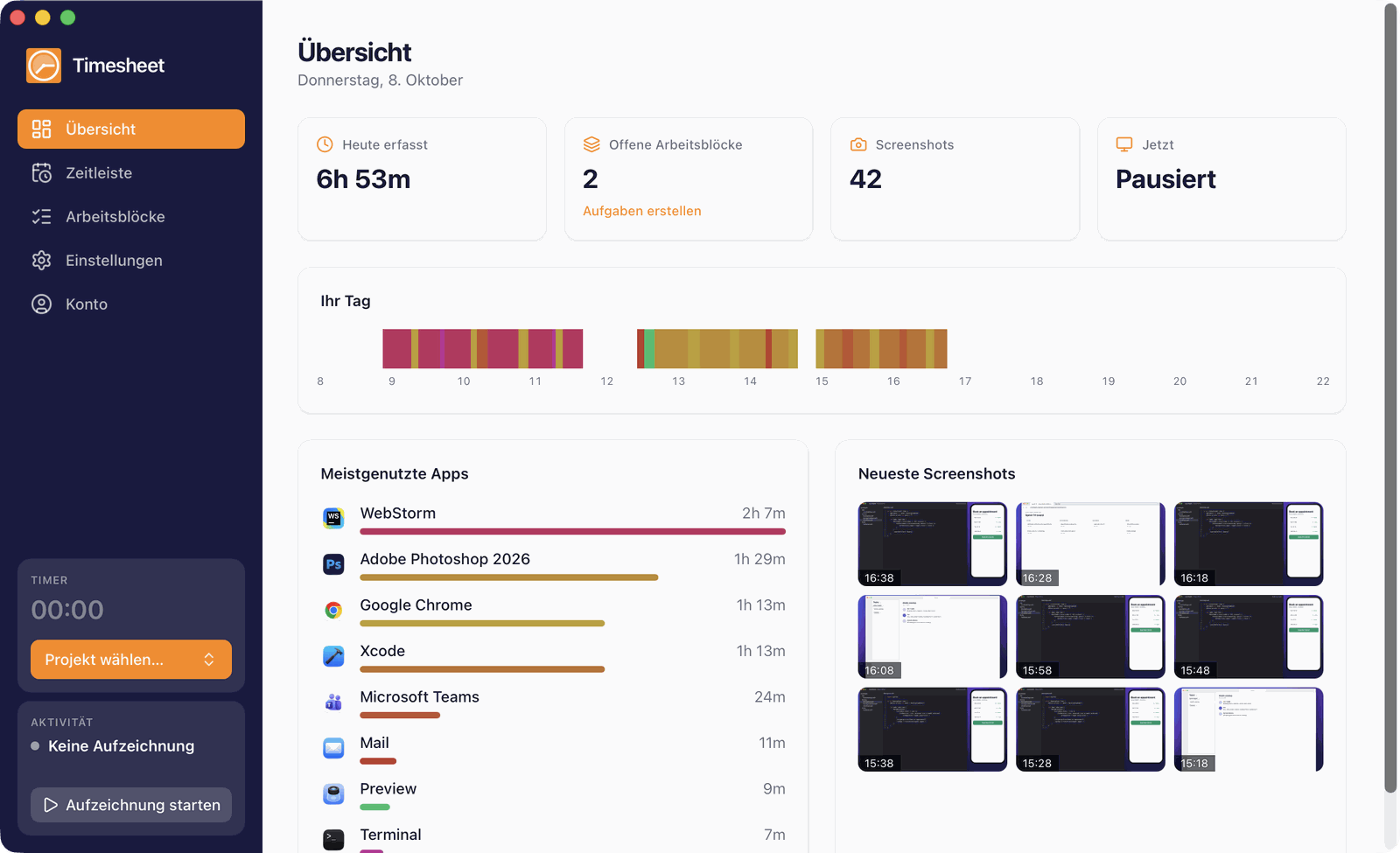 Übersicht mit den Zahlen von heute, dem Tagesstreifen, den meistgenutzten Apps und den neuesten Screenshots