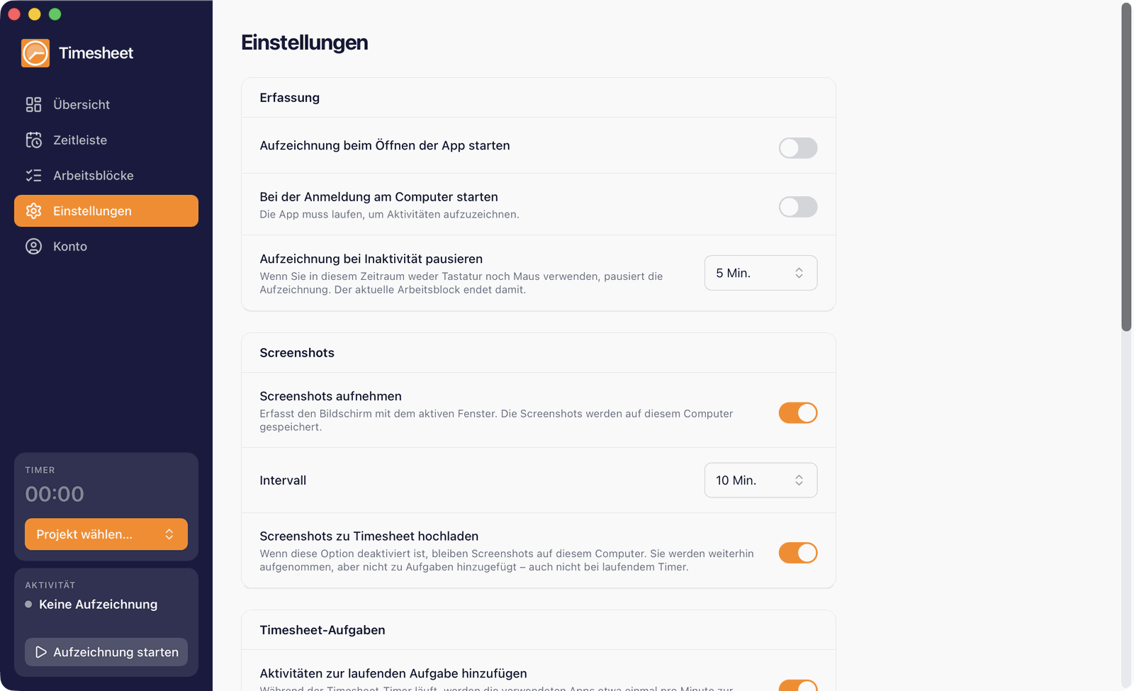 Einstellungen für die Aufzeichnung und Screenshots