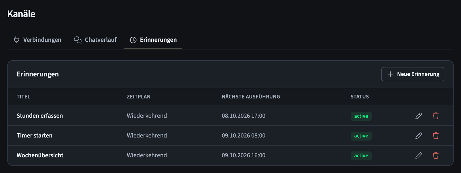 Liste der Erinnerungen mit drei geplanten Erinnerungen
