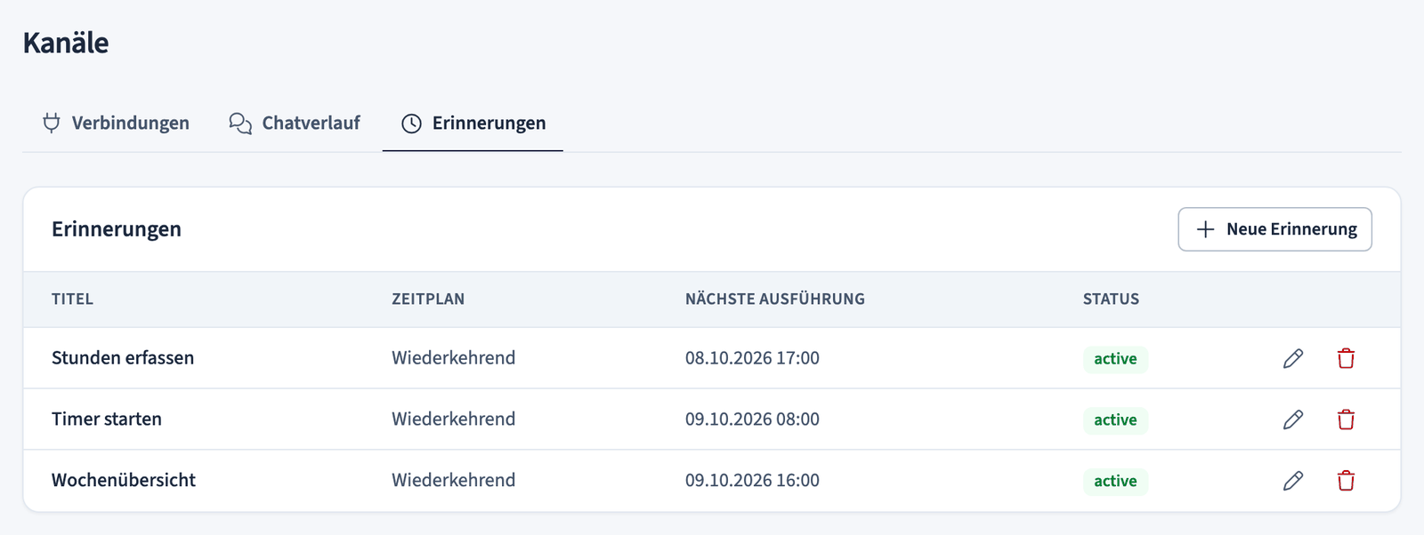 Liste der Erinnerungen mit drei geplanten Erinnerungen