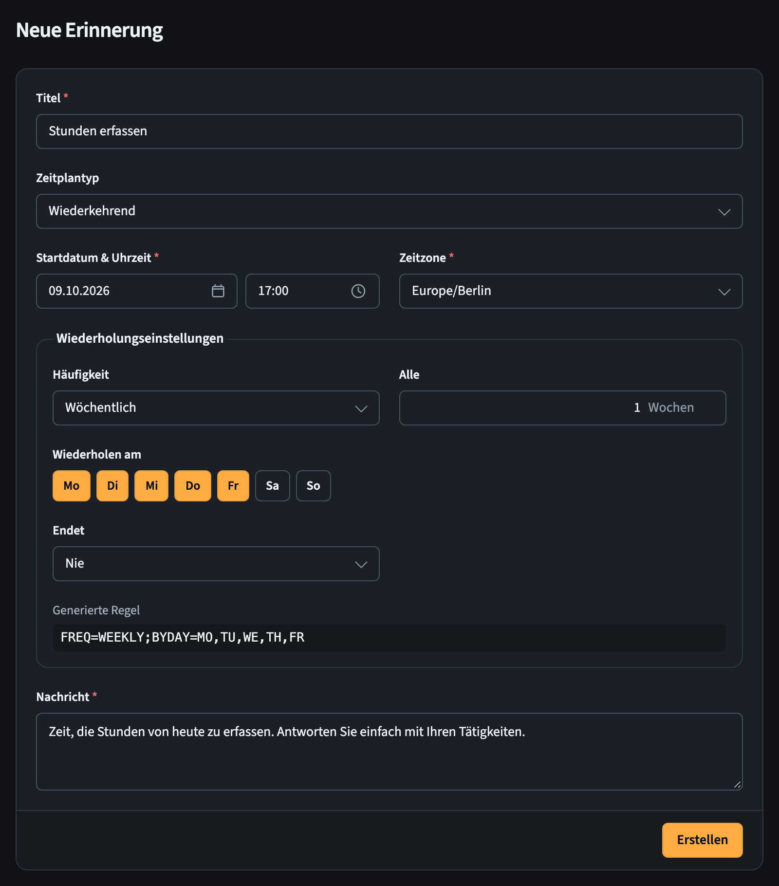 Formular für neue Erinnerung mit Zeitplan- und Wiederholungseinstellungen