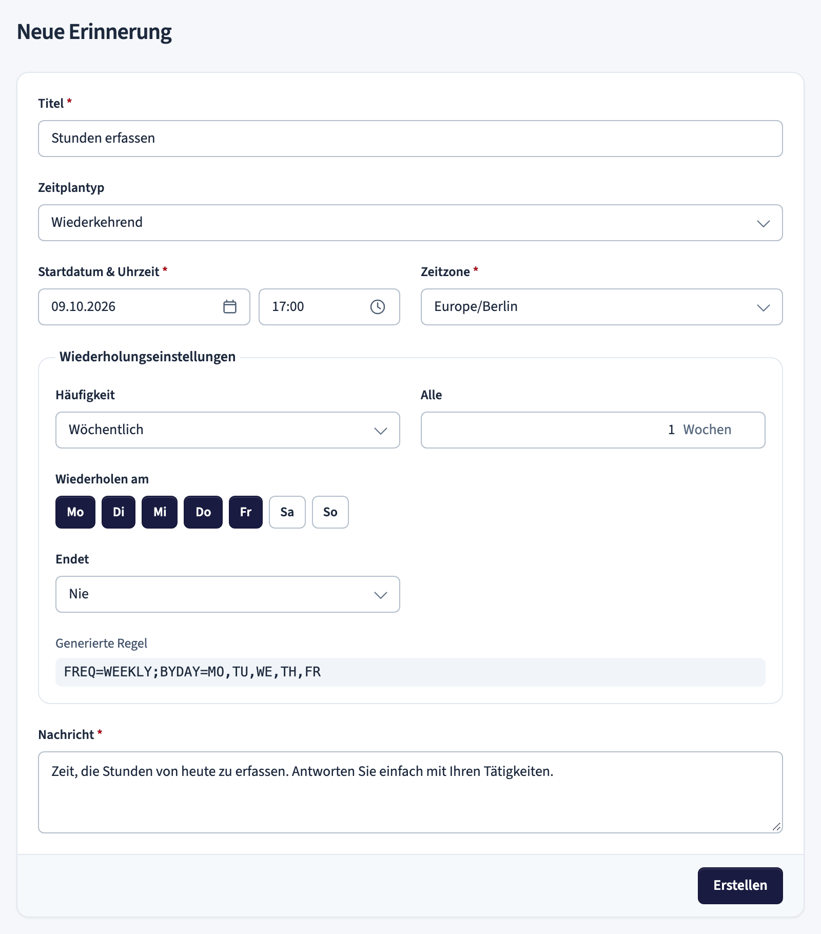 Formular für neue Erinnerung mit Zeitplan- und Wiederholungseinstellungen