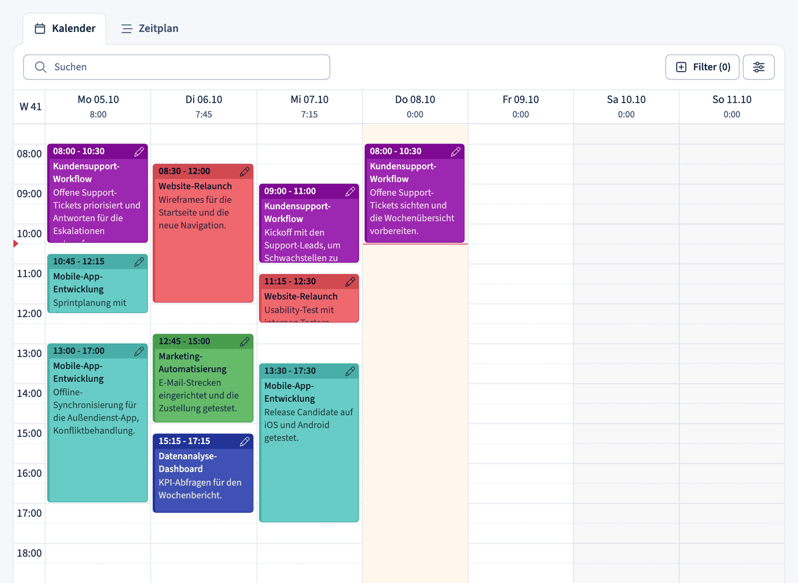 Die Kalenderansicht des Dashboards
