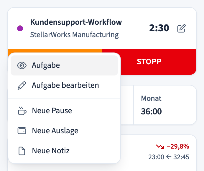 Schnellaktionen des Timers zum Hinzufügen von Pausen, Auslagen und Notizen