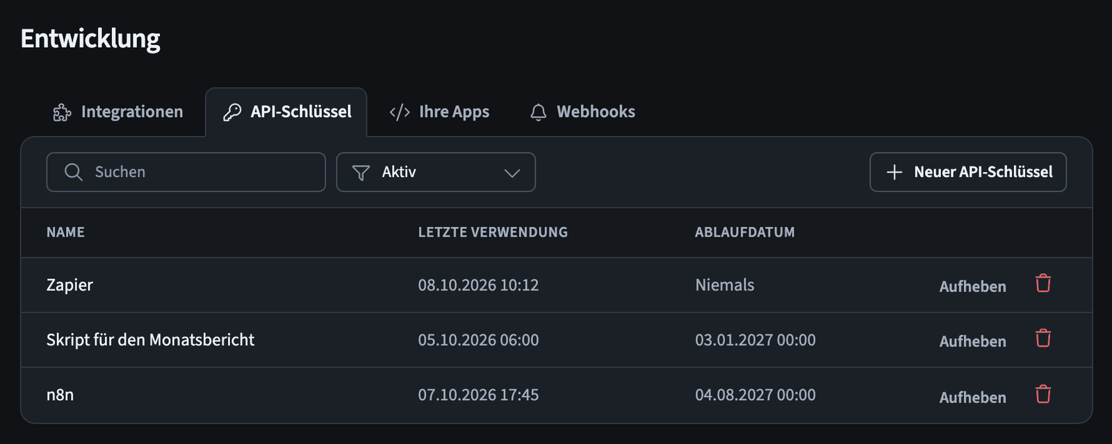 Tab API-Schlüssel mit drei Schlüsseln, ihrer letzten Verwendung und ihrem Ablaufdatum