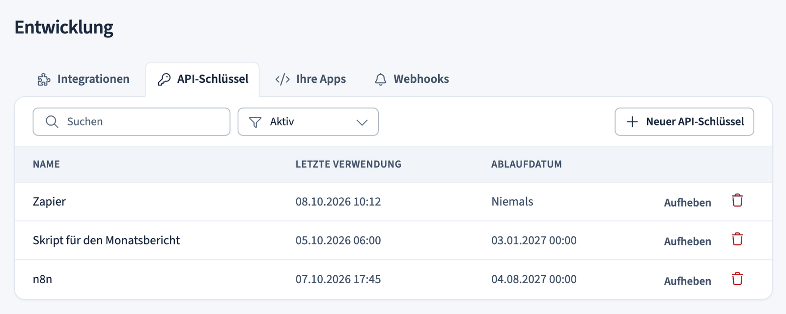 Tab API-Schlüssel mit drei Schlüsseln, ihrer letzten Verwendung und ihrem Ablaufdatum