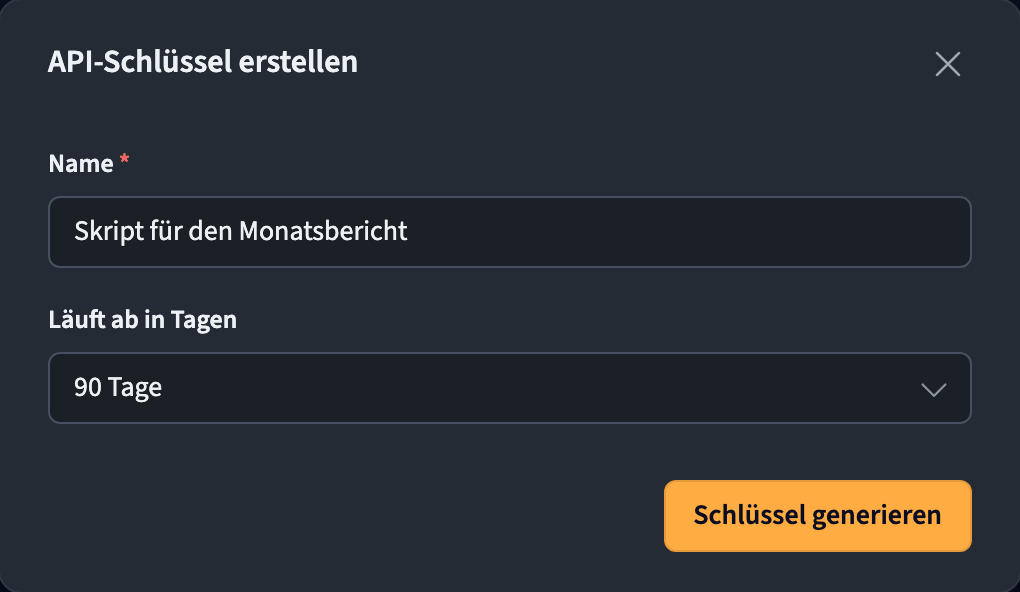 Dialog zum Erstellen eines API-Schlüssels mit Name und Ablaufdatum